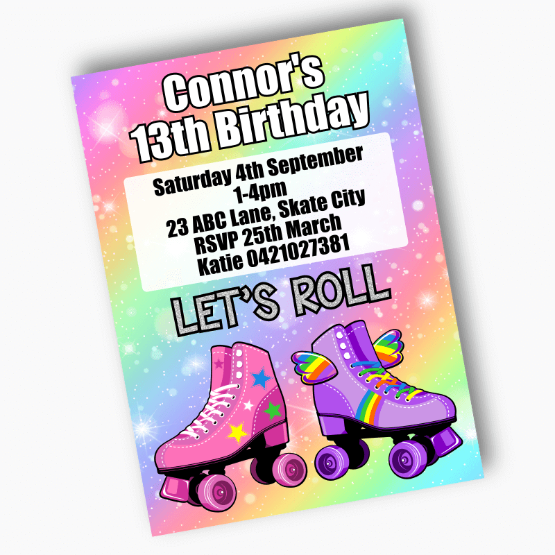Roller Skate Birthday Party Invites - Rainbow