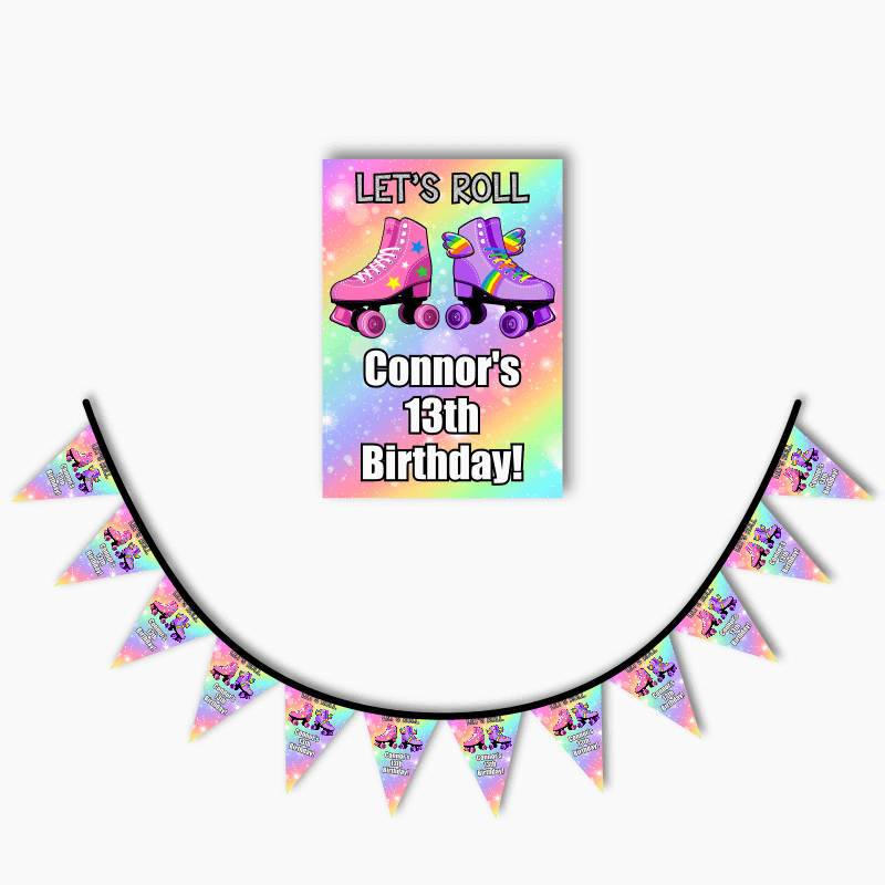 Roller Skate Birthday Party Poster &amp; Bunting Combo - Rainbow