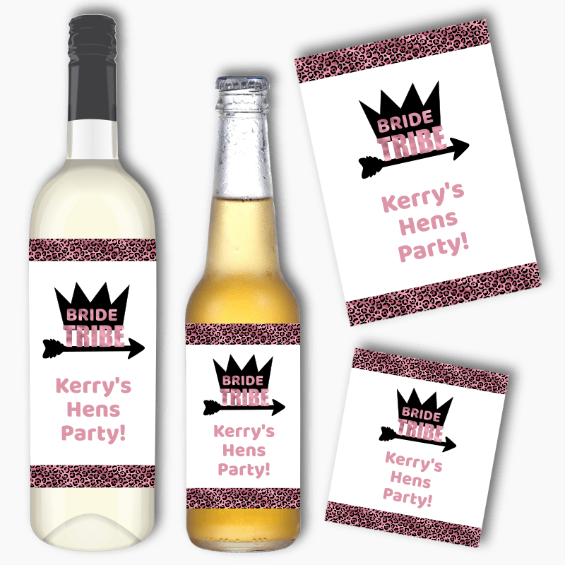 Personalised Rose Pink Bride Tribe Hens Party Wine & Beer Labels