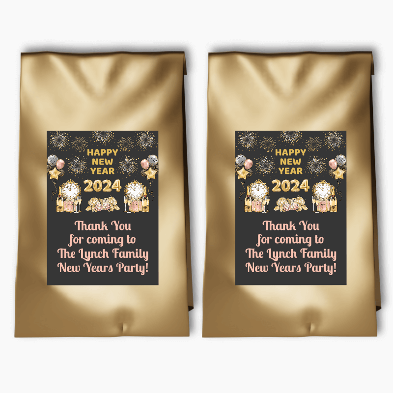Charcoal, Gold &amp; Rose Pink New Years Party Bags &amp; Labels