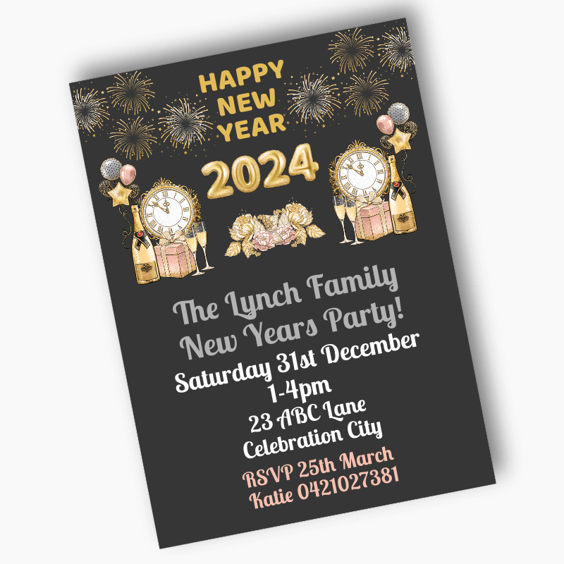 Charcoal, Gold &amp; Rose Pink New Years Party Invites