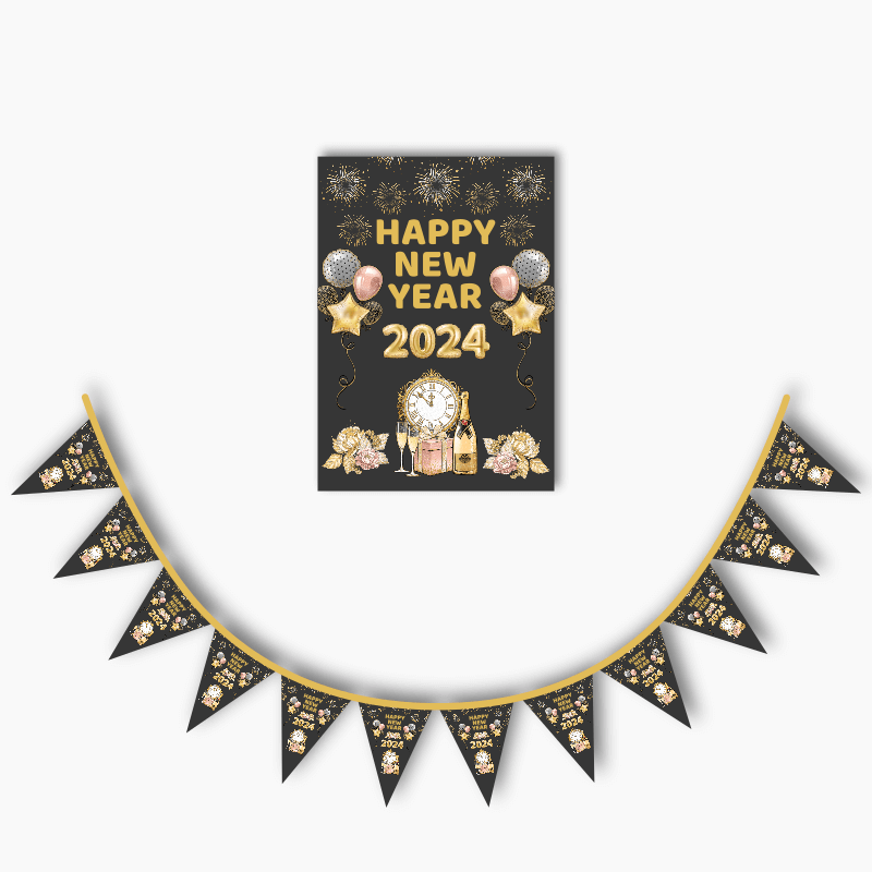 Charcoal, Gold &amp; Rose Pink New Years Poster &amp; Bunting Combo