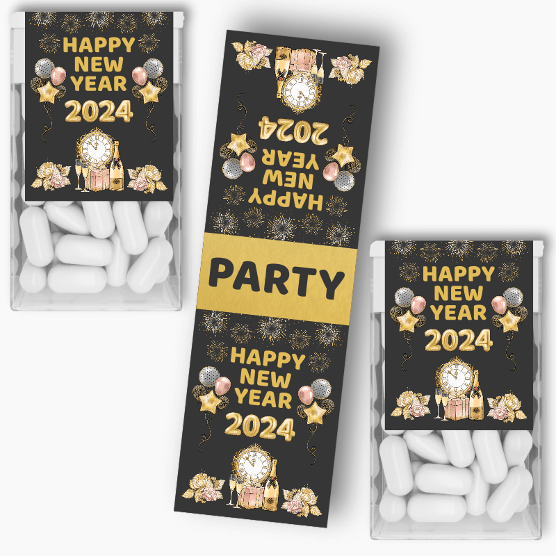 Charcoal, Gold &amp; Rose Pink New Years Party Tic Tac Labels