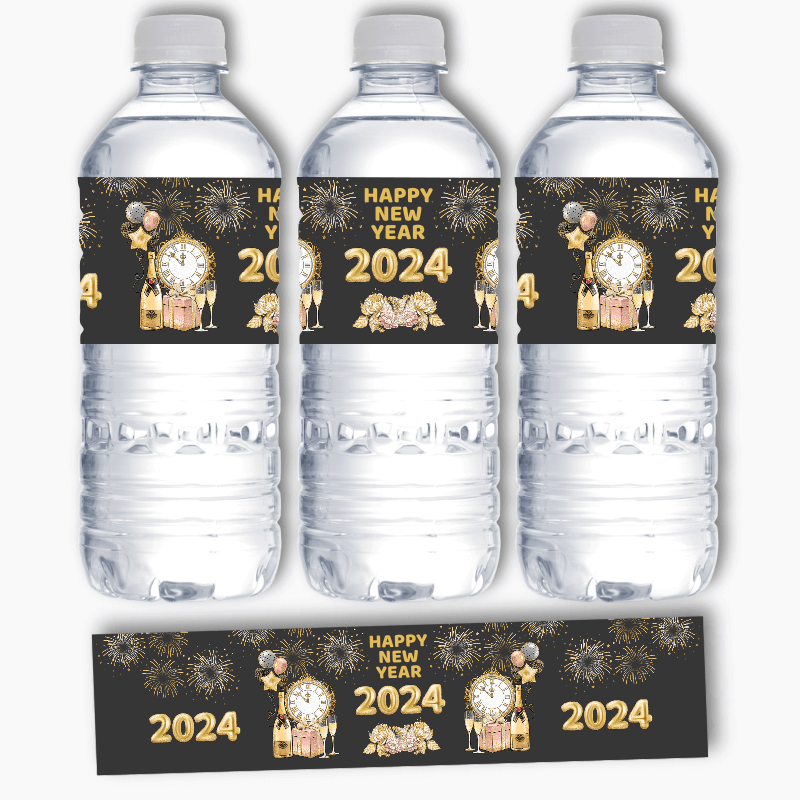 Charcoal, Gold &amp; Rose Pink New Years Party Water Bottle Labels
