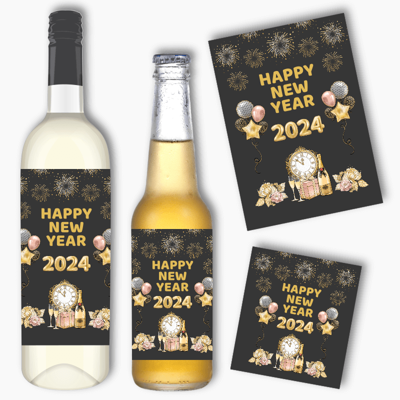 Charcoal, Gold &amp; Rose Pink New Years Party Wine &amp; Beer Labels