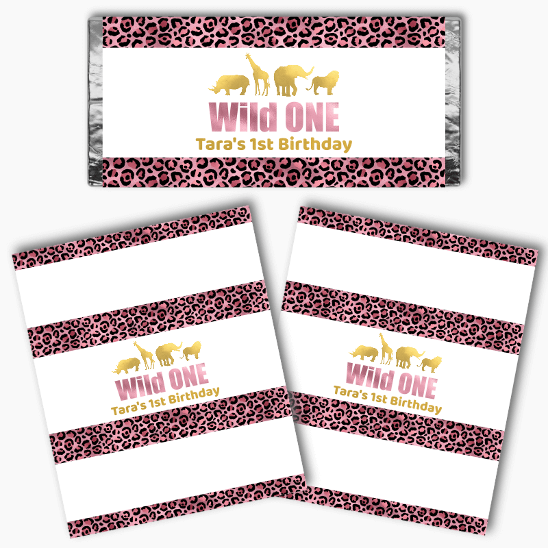 Personalised Rose Pink &amp; Gold Wild One Mini Chocolate Labels