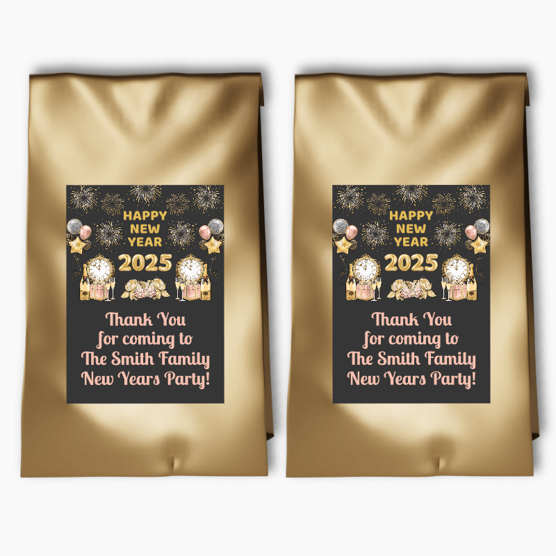 Charcoal, Gold & Rose Pink New Years Party Bags & Labels