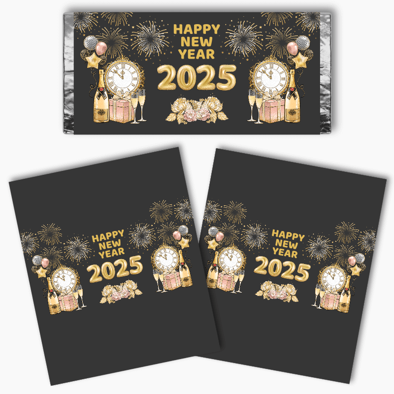 Charcoal, Gold & Rose Pink New Years Party Mini Chocolate Labels
