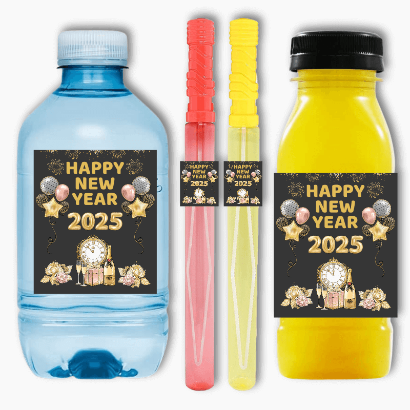 Charcoal, Gold & Rose Pink New Years Rectangle Favour Stickers