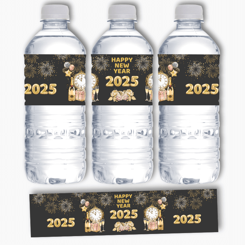 Charcoal, Gold & Rose Pink New Years Party Water Labels