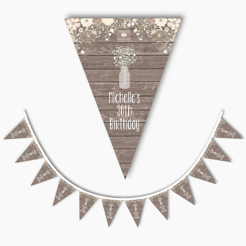 Personalised Rustic Timber &amp; Baby&#39;s Breath Party Flag Bunting