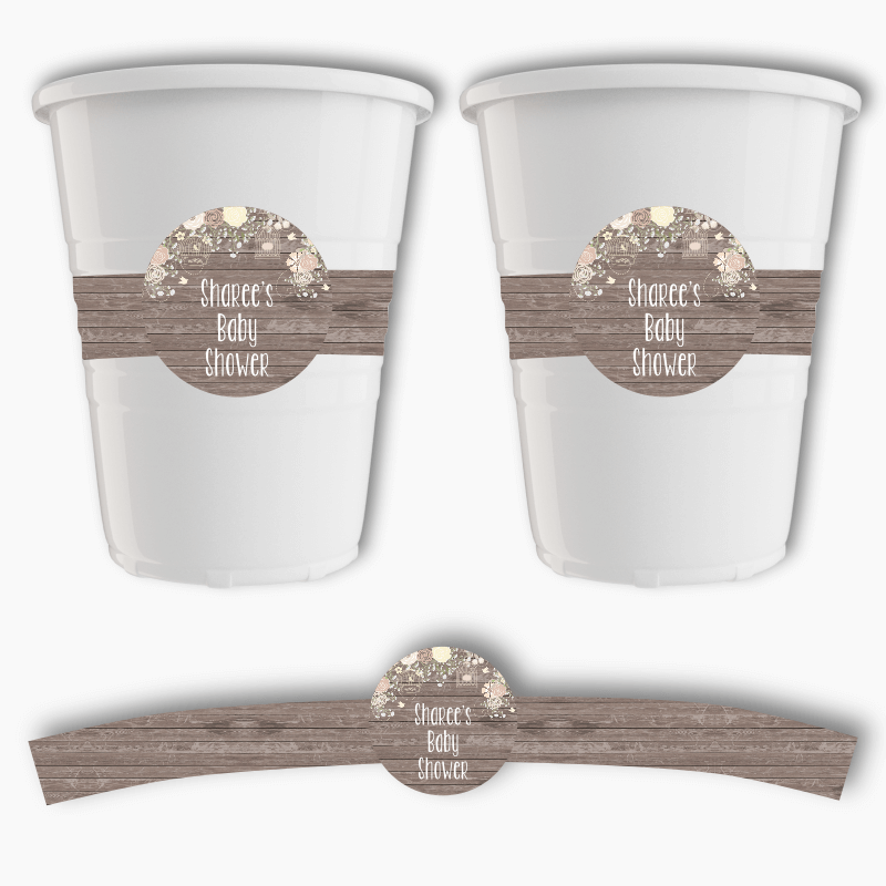 Personalised Rustic Timber & Baby's Breath Party Cup Stickers