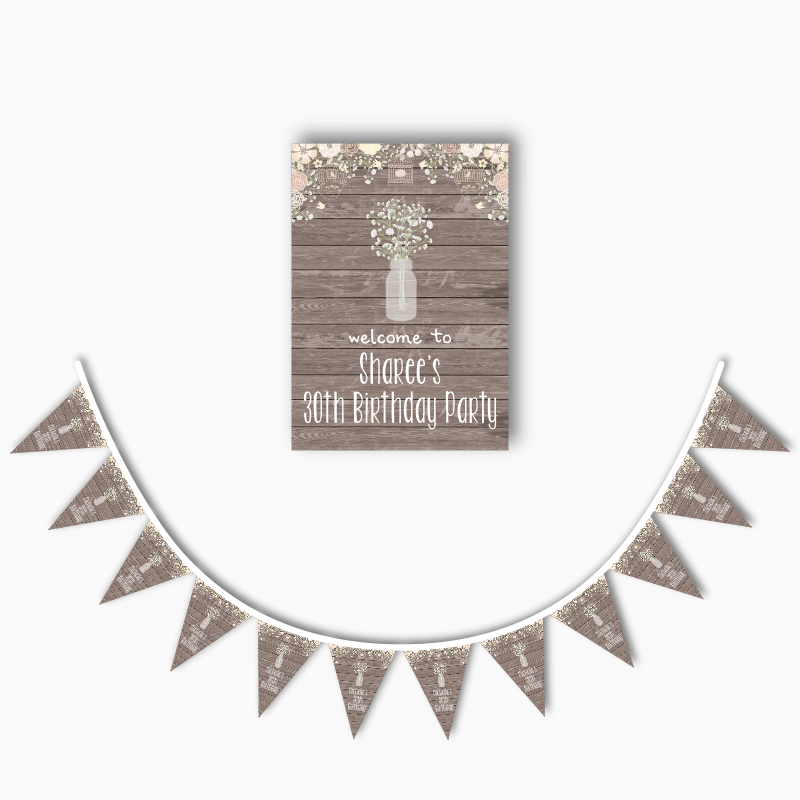 Personalised Rustic Timber &amp; Baby&#39;s Breath Poster &amp; Bunting Combo