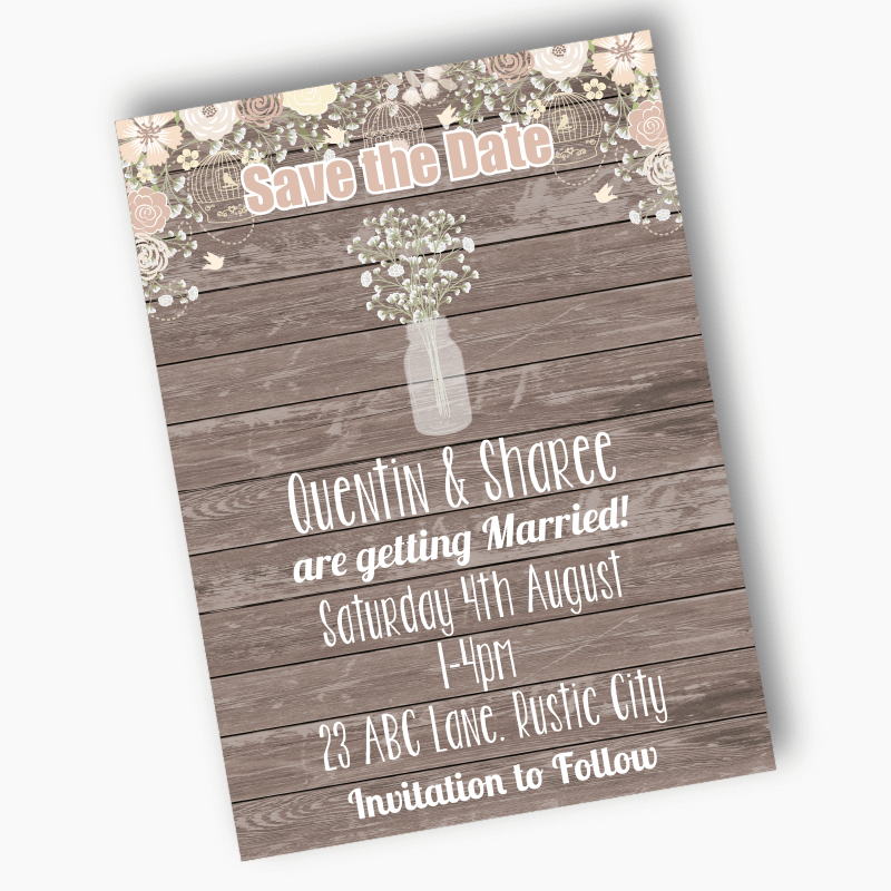 Personalised Rustic Timber & Baby's Breath Wedding Save the Date Cards