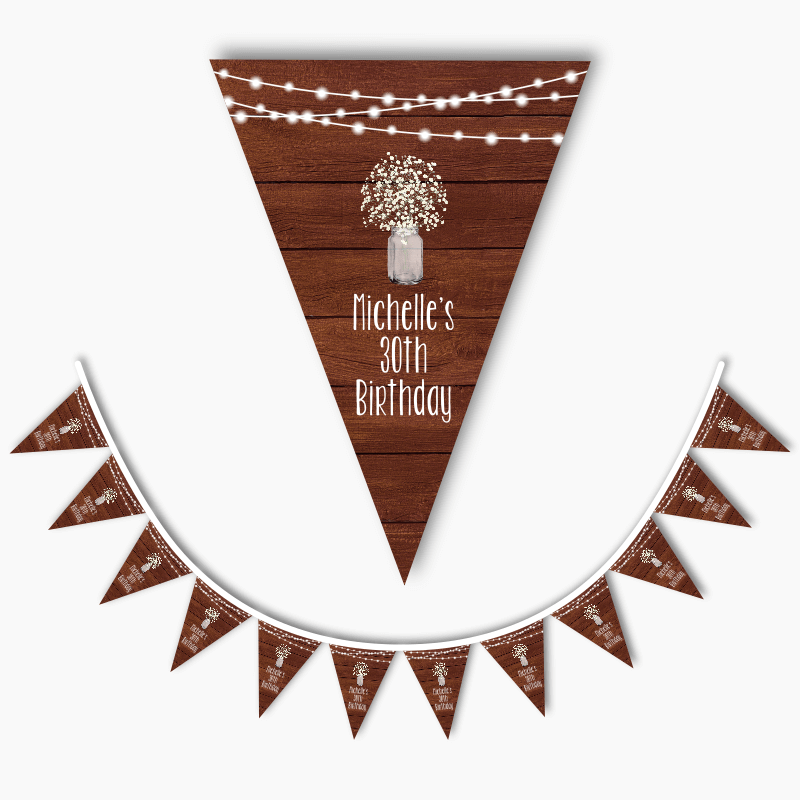 Personalised Rustic Timber &amp; Fairy Lights Party Flag Bunting