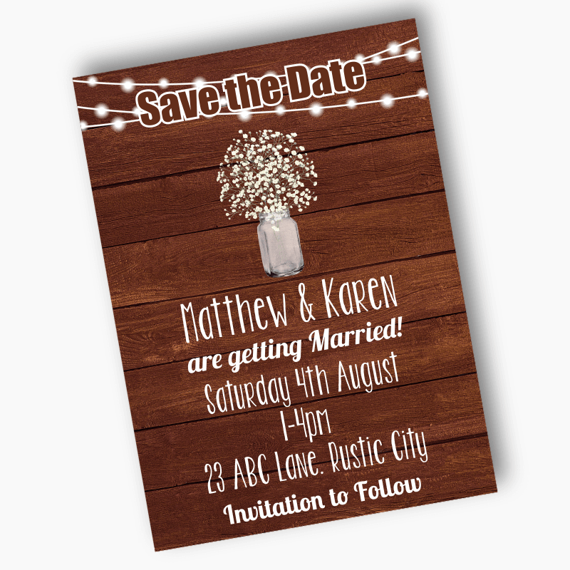 Personalised Rustic Timber & Fairy Lights Wedding Save the Date Cards