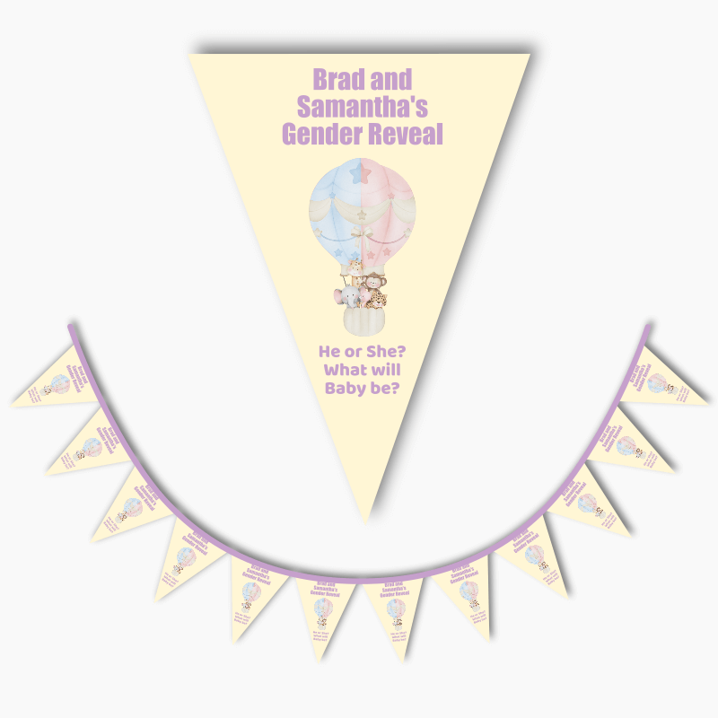 Personalised Safari Animals Gender Reveal Party Flag BuntingPersonalised Safari Animals Gender Reveal Party Flag Bunting