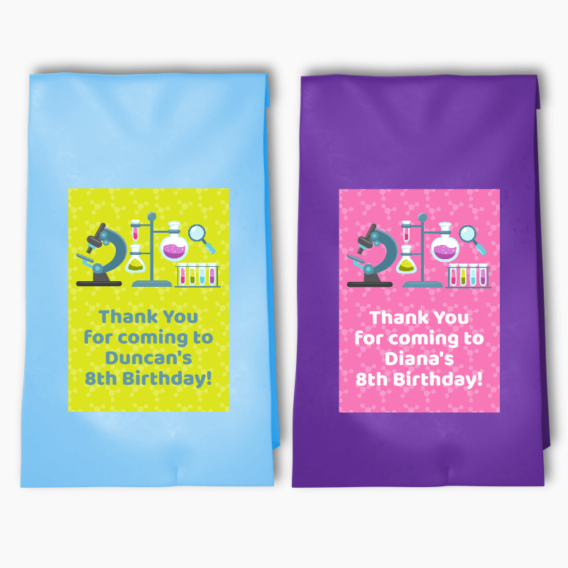 Personalised Science Birthday Party Bags &amp; Labels