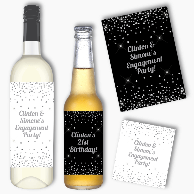 Personalised Silver Confetti Party Wine &amp; Beer Labels