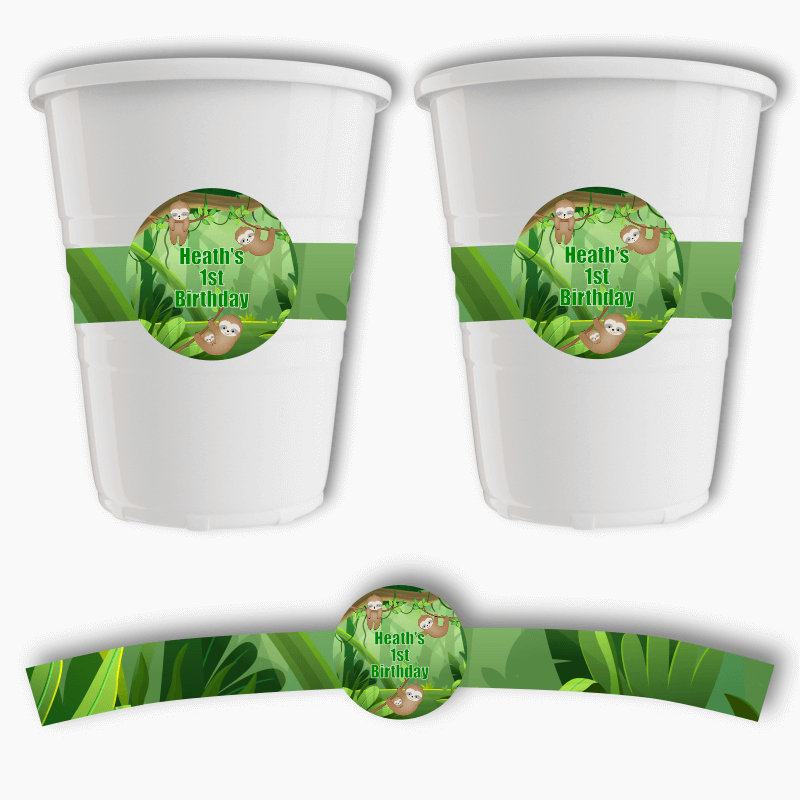 Personalised Sloth Birthday Party Cup Stickers