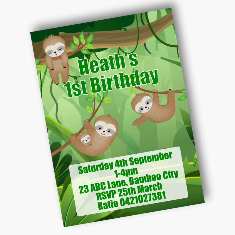 Personalised Sloth Birthday Party Invites