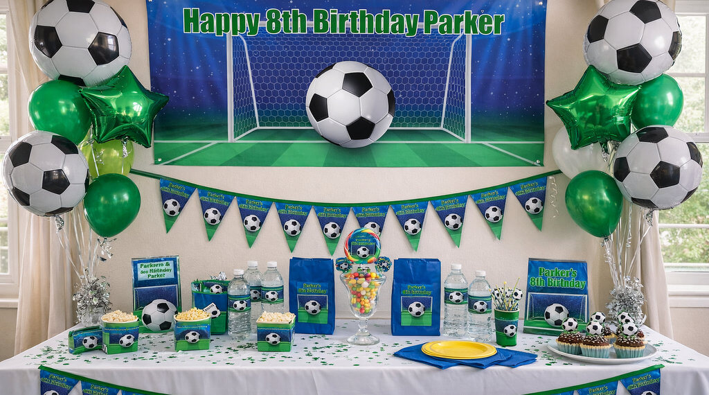 Soccer-themed birthday party setup with balloons, banners, and decorations.