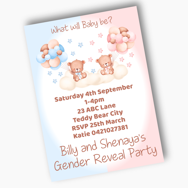 Personalised Teddy Bear Gender Reveal Party Invites