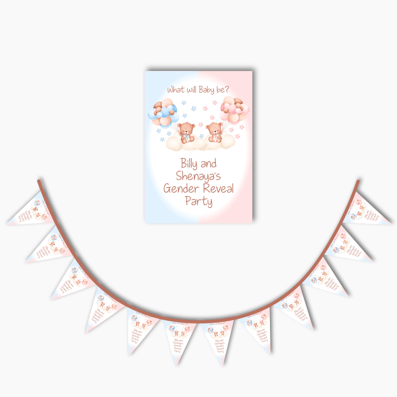 Personalised Teddy Bear Gender Reveal Poster &amp; Bunting Combo