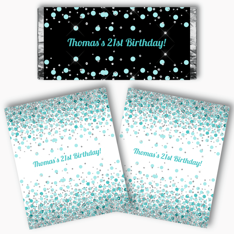 Personalised Turquoise Green Confetti Party Mini Chocolate Labels