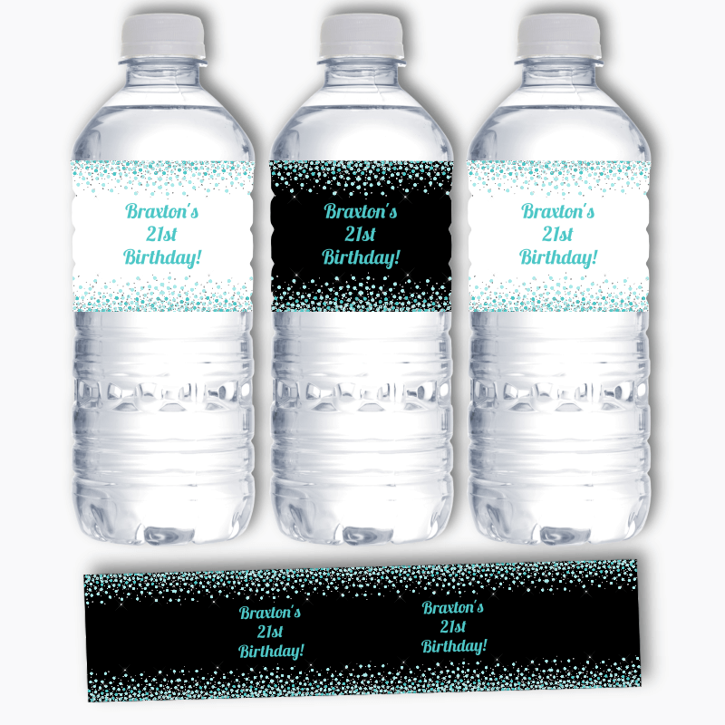 Personalised Turquoise Green Confetti Party Water Labels