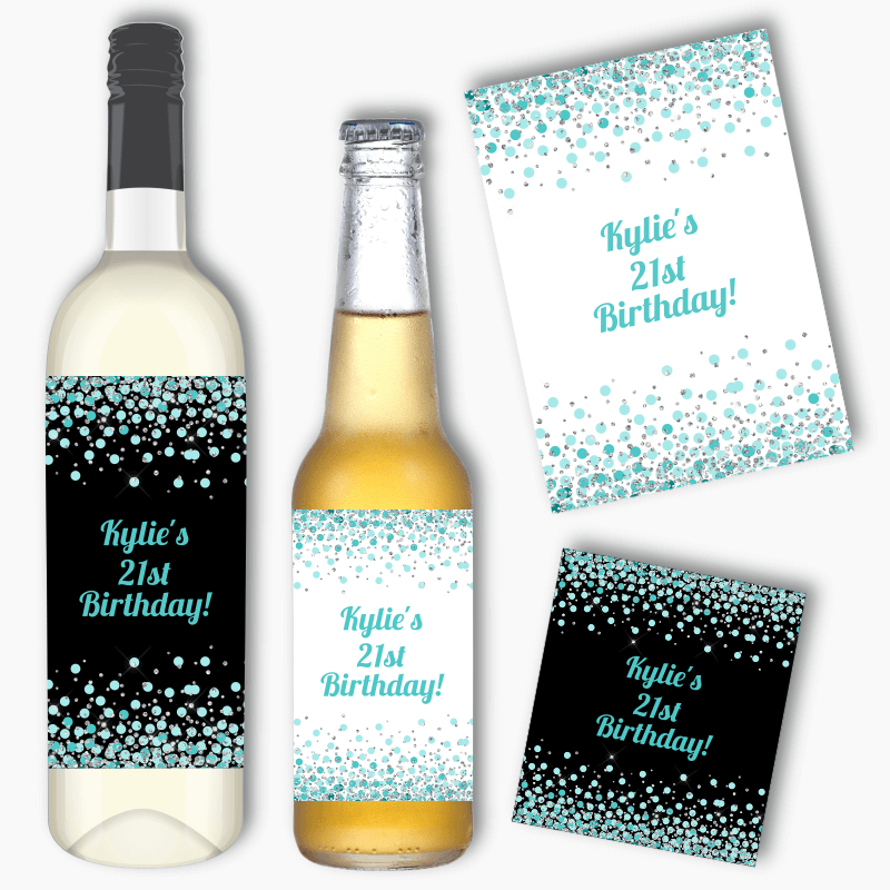 Personalised Turquoise Green Confetti Wine &amp; Beer Labels