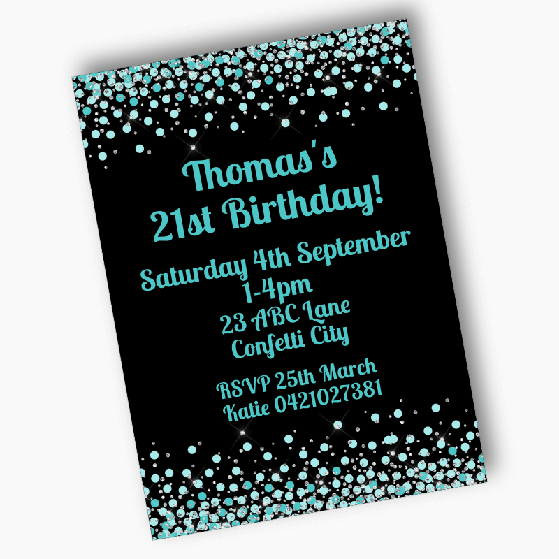 Turquoise Green and Black Confetti Party Invites