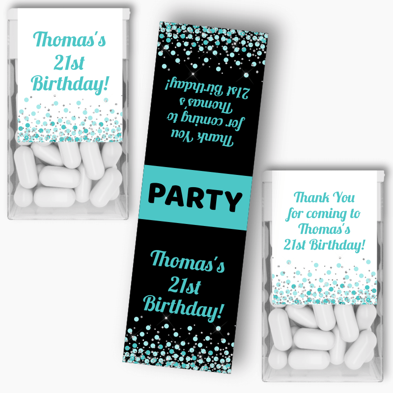 Personalised Turquoise Confetti Party Tic Tac Labels