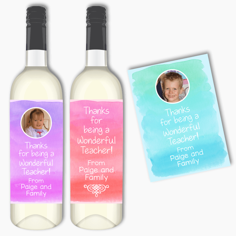 Personalised Watercolour Teachers Gift Wine Labels