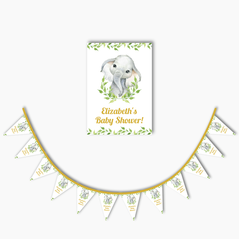 White Greenery African Elephant Party Poster &amp; Bunting Combo