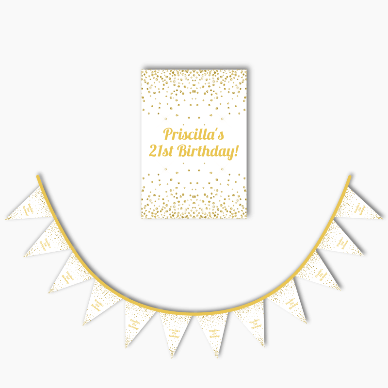 White &amp; Gold Confetti Party Poster &amp; Bunting Combo