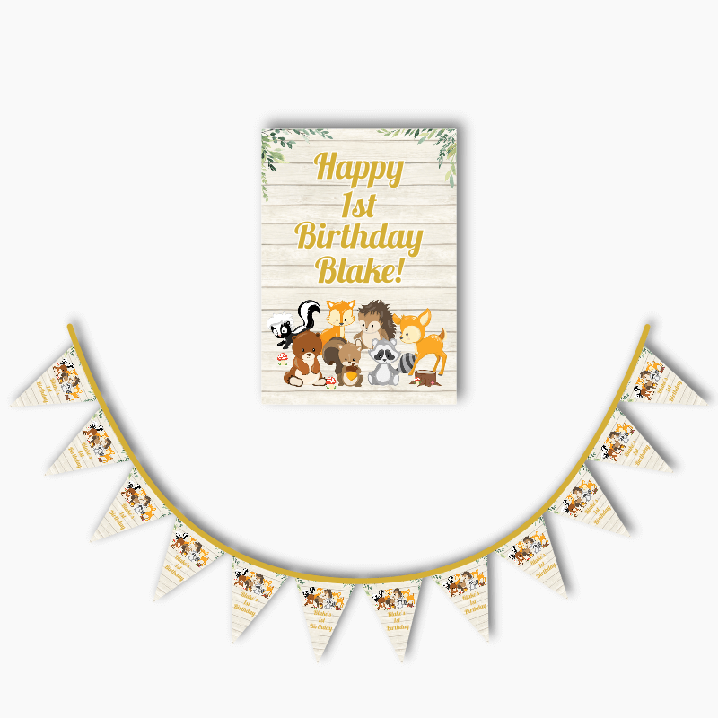 Personalised Woodland Animals Party Poster &amp; Bunting Combo