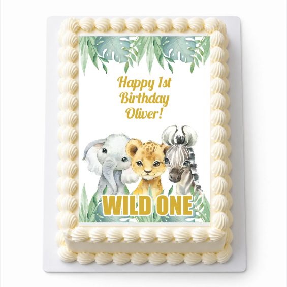 Personalised African Animals Wild One A4 icing sheet fitted to a white rectangular cake