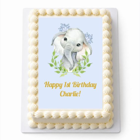 Personalised African Elephant A4 rectangle icing sheet with greenery fitted on a white cake