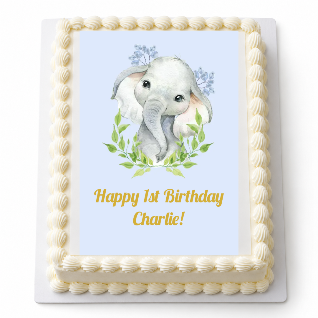 Personalised blue African Elephant A4 icing sheet on a cake