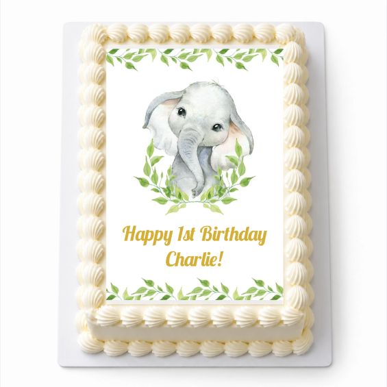 Personalised African Elephant A4 rectangle icing sheet with greenery fitted on a white cake
