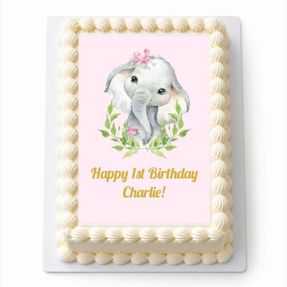 Personalised pink African Elephant A4 rectangle icing sheet fitted on a white cake