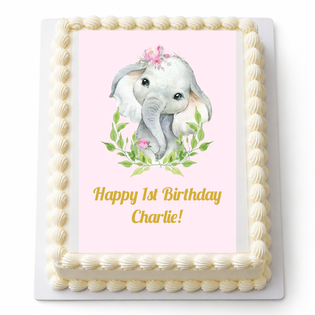 Personalised pink floral African Elephant A4 icing sheet on a cake