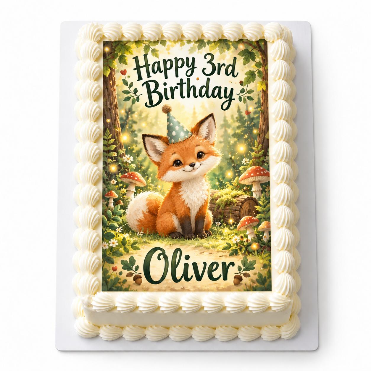 Illustrative AI design example: woodland fox third birthday icing sheet for Oliver on a cake. Designs vary. Cake not included.