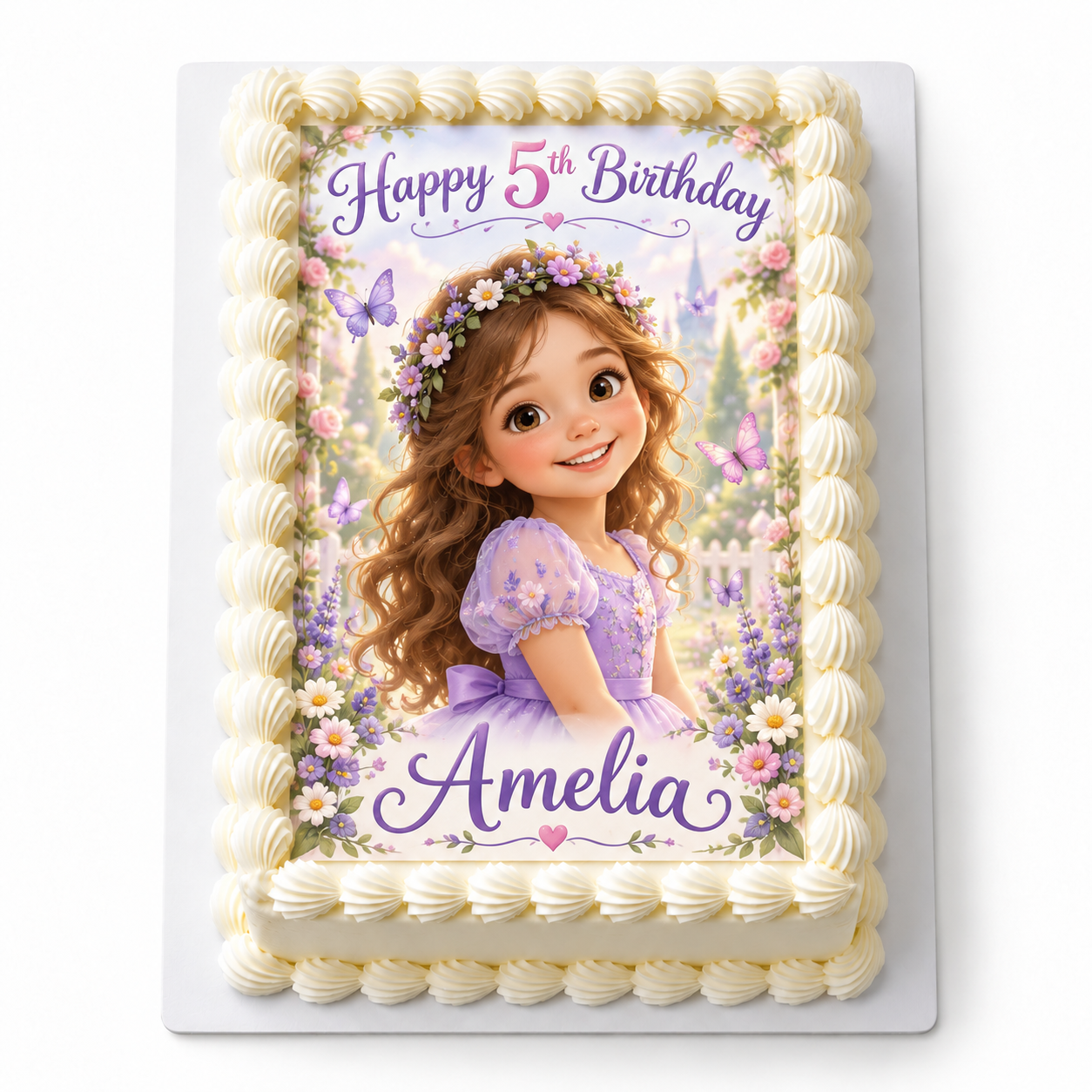 Illustrative AI Photo Magic style example with a fictional portrait and fifth birthday wording for Amelia. Designs vary. Cake not included.