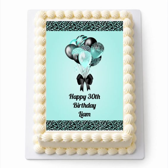 Personalised Aqua and Black Balloons A4 icing sheet fitted on a rectangular cake
