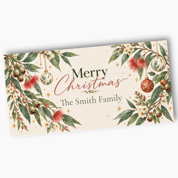 Aussie Botanicals Christmas banner personalised with The Smith Family, featuring eucalyptus, native flowers and festive baubles on cream.