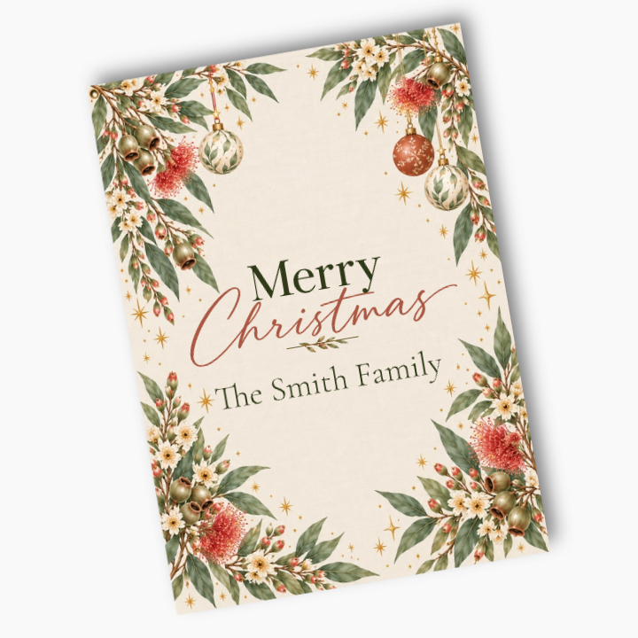 Aussie Botanicals poster with Merry Christmas and The Smith Family, surrounded by eucalyptus, native flowers and festive baubles.