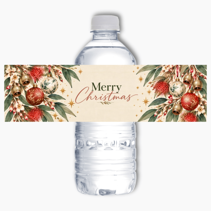 Aussie Botanicals Christmas water bottle label with Merry Christmas lettering, eucalyptus, native flowers, festive baubles and gold stars.
