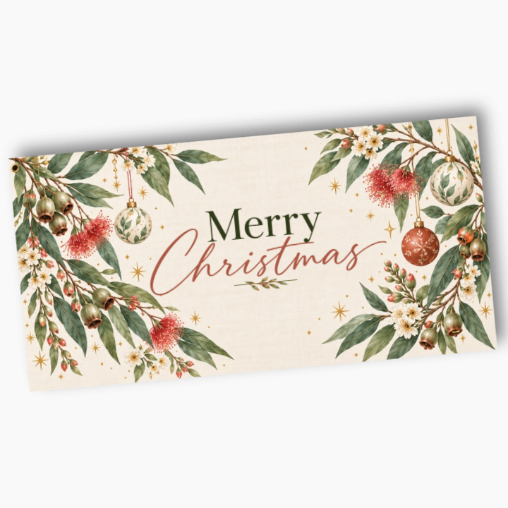 Aussie Botanicals banner with Merry Christmas lettering, eucalyptus leaves, native flowers, baubles and gold stars on a cream background.